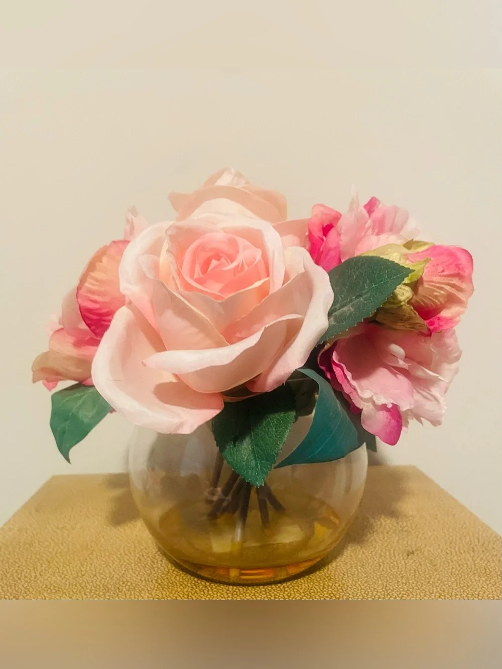 Blush Pink Faux Rose Arrangement in Amber Glass Vase | Boho Coastal Vanity Decor